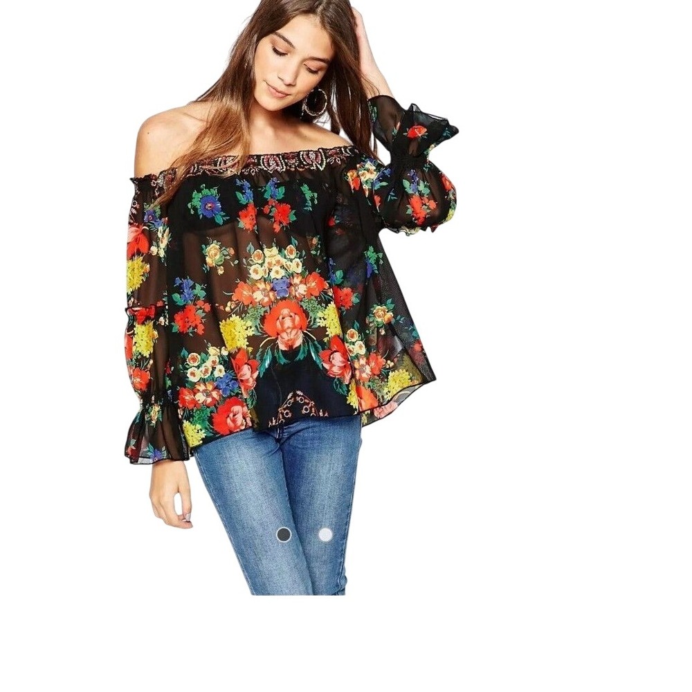 Mela London Womens Floral Off Shoulder Blouse Black Sheer Ruffle Sleeve Top US 6